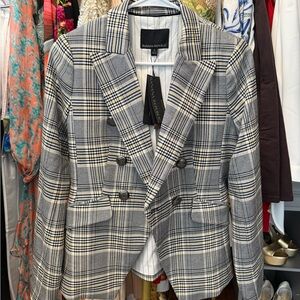Banana Republic Plaid Double-Breasted Blazer in Gray and Cream (NWT)